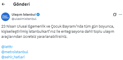 23 Nisan toplu taşıma ücretsiz