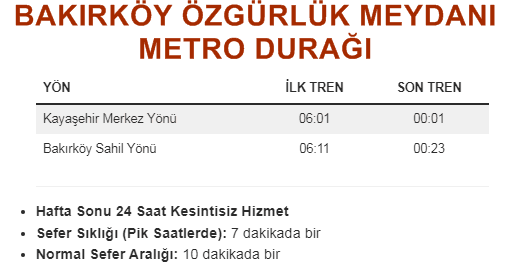 M3 Özgürlük Meydanı Metro Sefer Saatleri