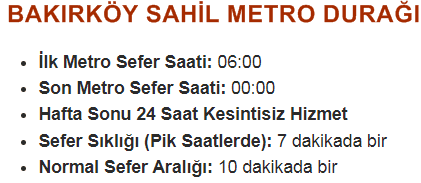 Bakırköy Sahil Metro İstasyonu Saatleri